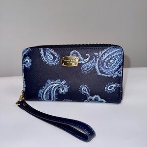 Michael Kors Navy and Light Blue Paisley Wristlet